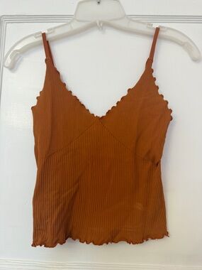Free People Rust Ribbed V-Neck Lettuce-Edge Camisole